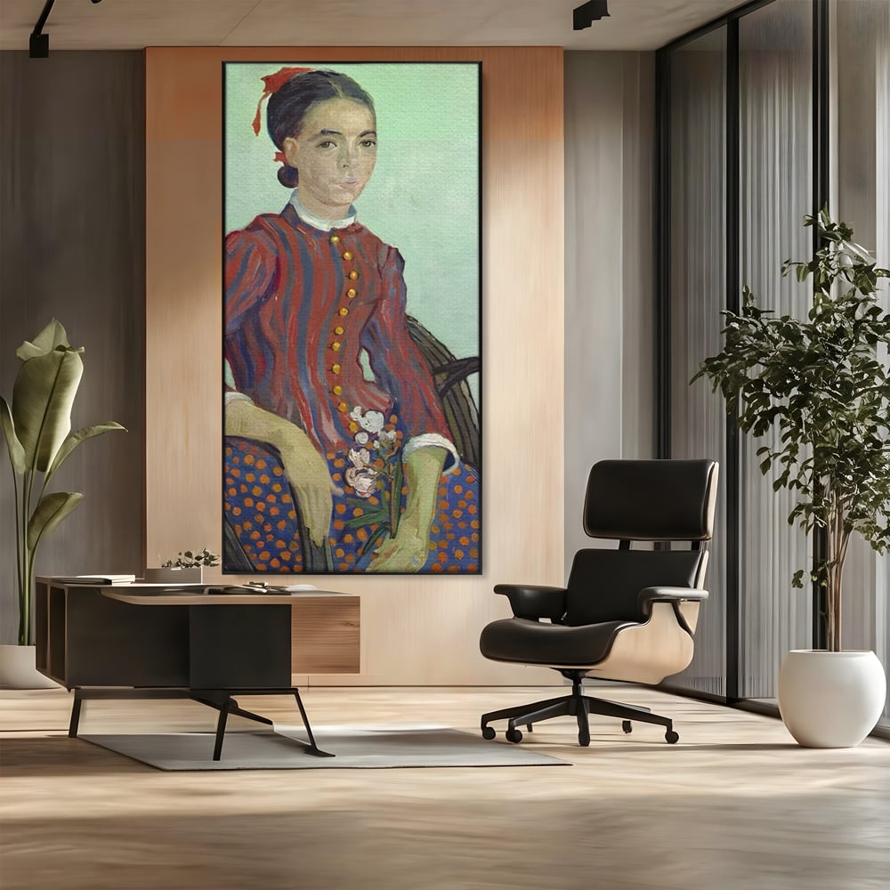 Tablou canvas cu reproducere pictura portret feminin, in rama de aluminiu negru, pe perete intr-un birou